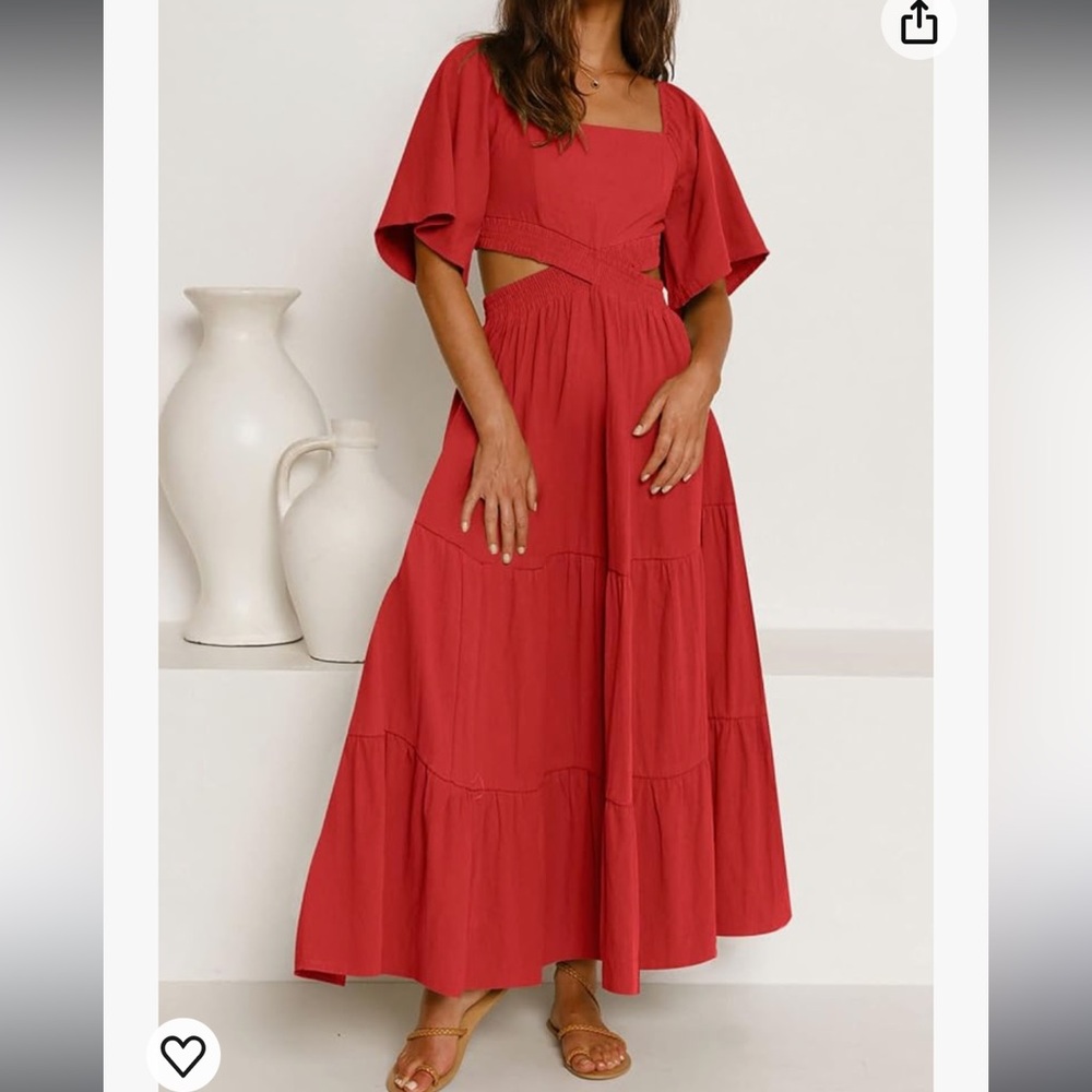 LEANI Red Cutout Maxi Dress Square Neck Short Sleeve Small Casual Party Dresses - Picture 4 of 5